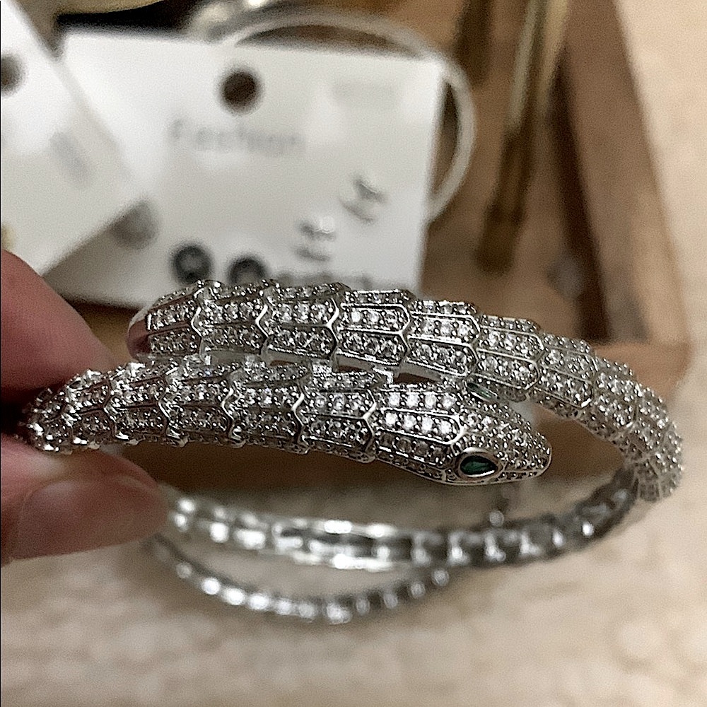 Silver Snake CZ Bracelet with Green Accents